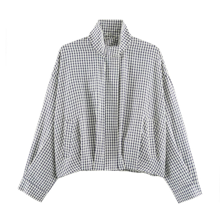 Damen Karo-Übergangsjacke im Oversize-Cropped-Schnitt mit hohem Stehkragen Drune
