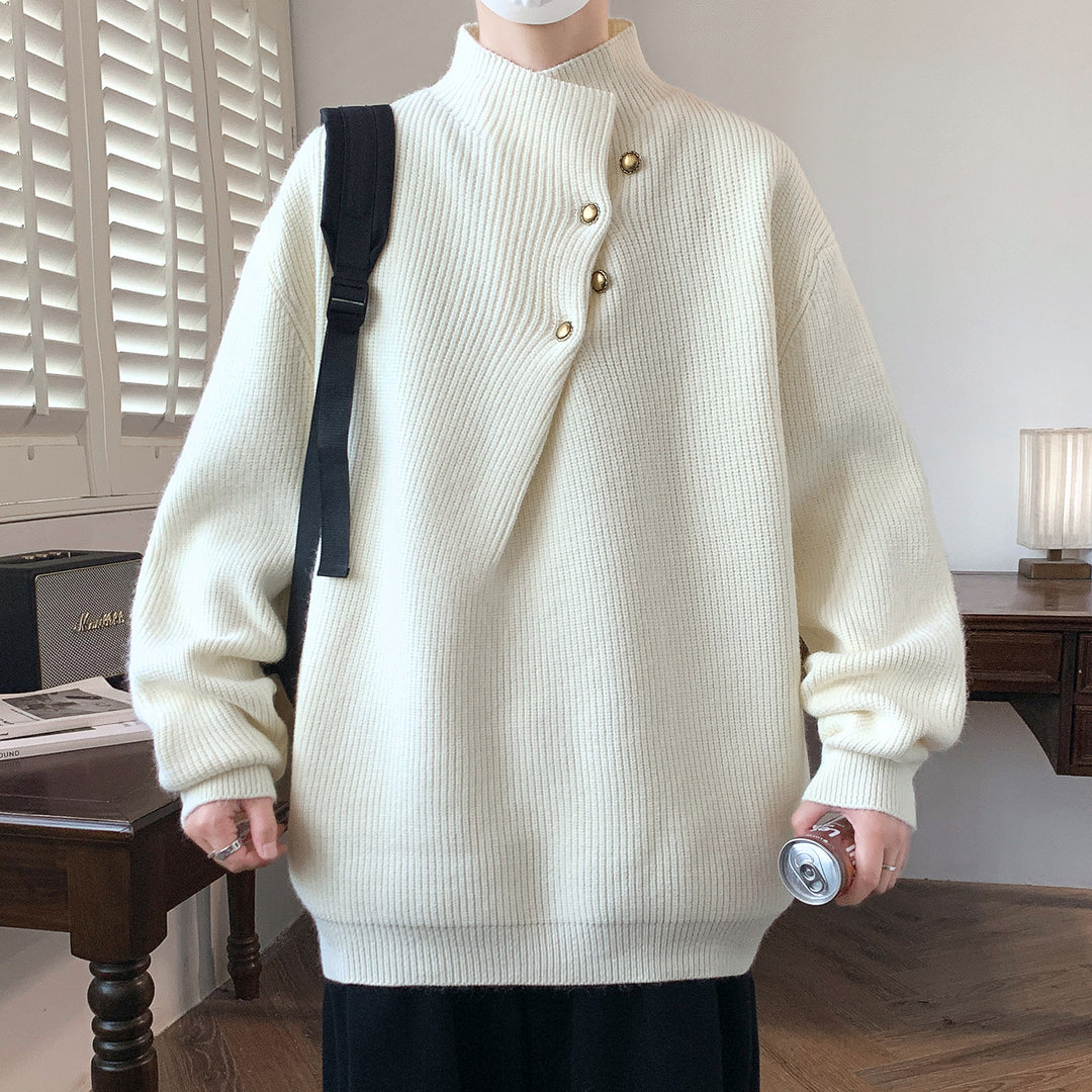 Herren Oversize-Rippenpullover mit asymmetrischem Knopfkragen Drune