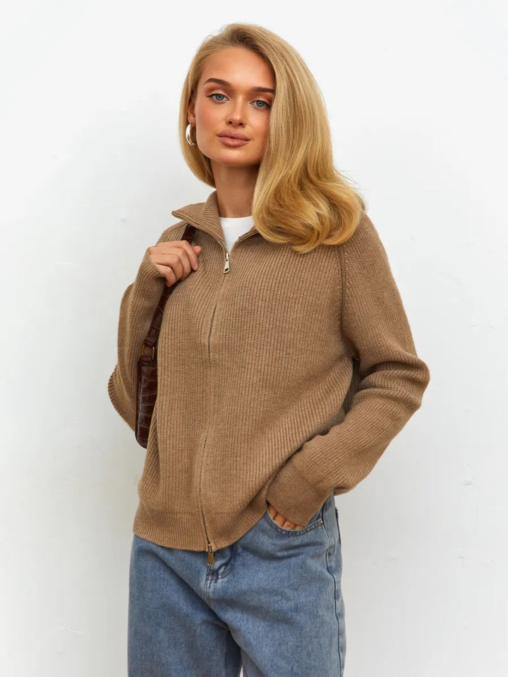 Damen modischer Grobstrickpullover mit hohem Kragen und durchgehendem Reißverschluss Drune