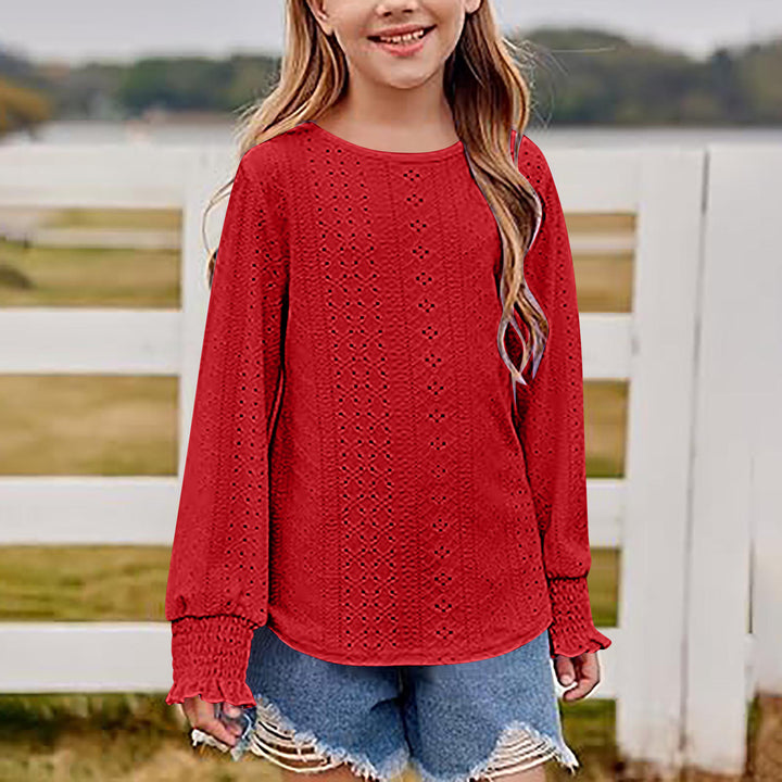 Damen Ajourgestricktes Oversize-Pullover-Shirt mit Ballonärmeln und Rüschenbündchen Drune