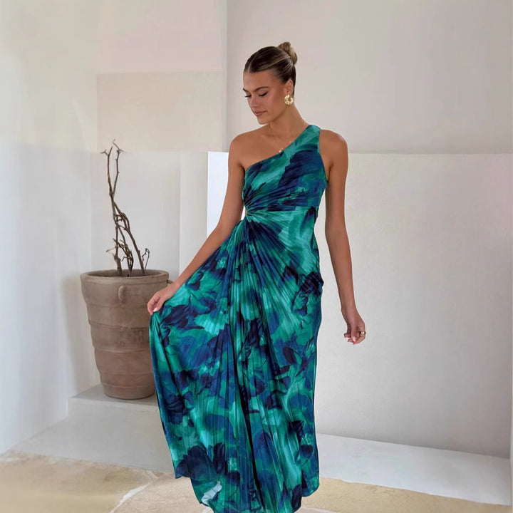 Damen Maxikleid mit asymmetrischem Schnitt und fließendem Faltenrock Drune
