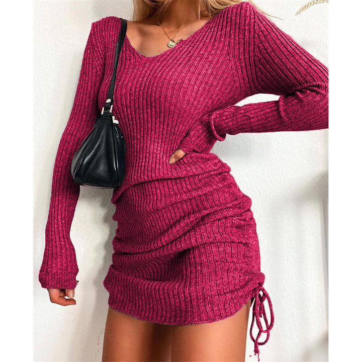 Damen Figurbetontes Rippstrick-Minikleid mit langen Ärmeln und seitlicher Raffung Drune
