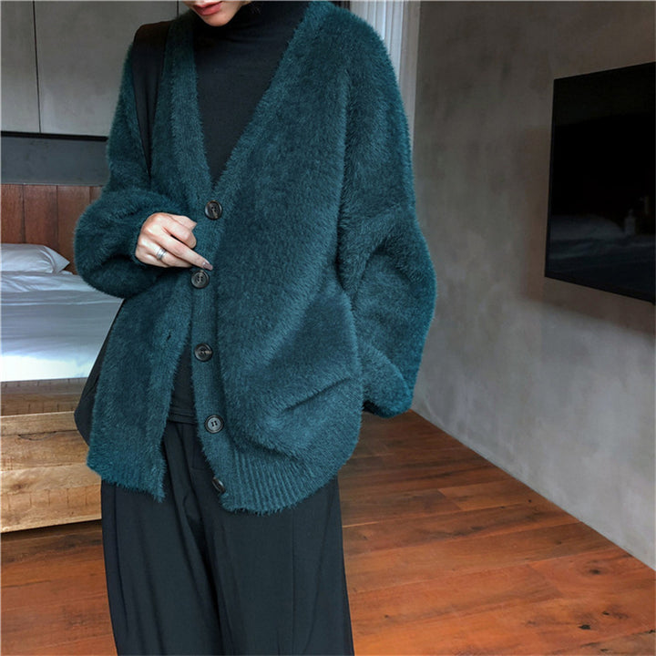 Damen Flauschiger Strickcardigan mit V-Ausschnitt und praktischen Knöpfen Drune