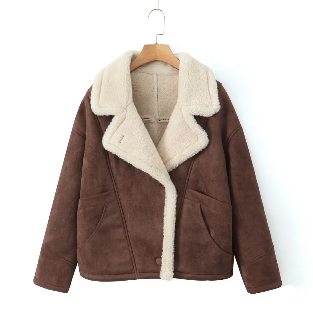 Damen kuschelige Wildlederjacke mit weichem Futter und breitem Kragen Drune