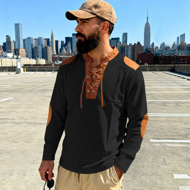 Herren Waffelstrick-Langarmshirt mit Schnürung und Kunstvelours-Ellbogenpatches Drune
