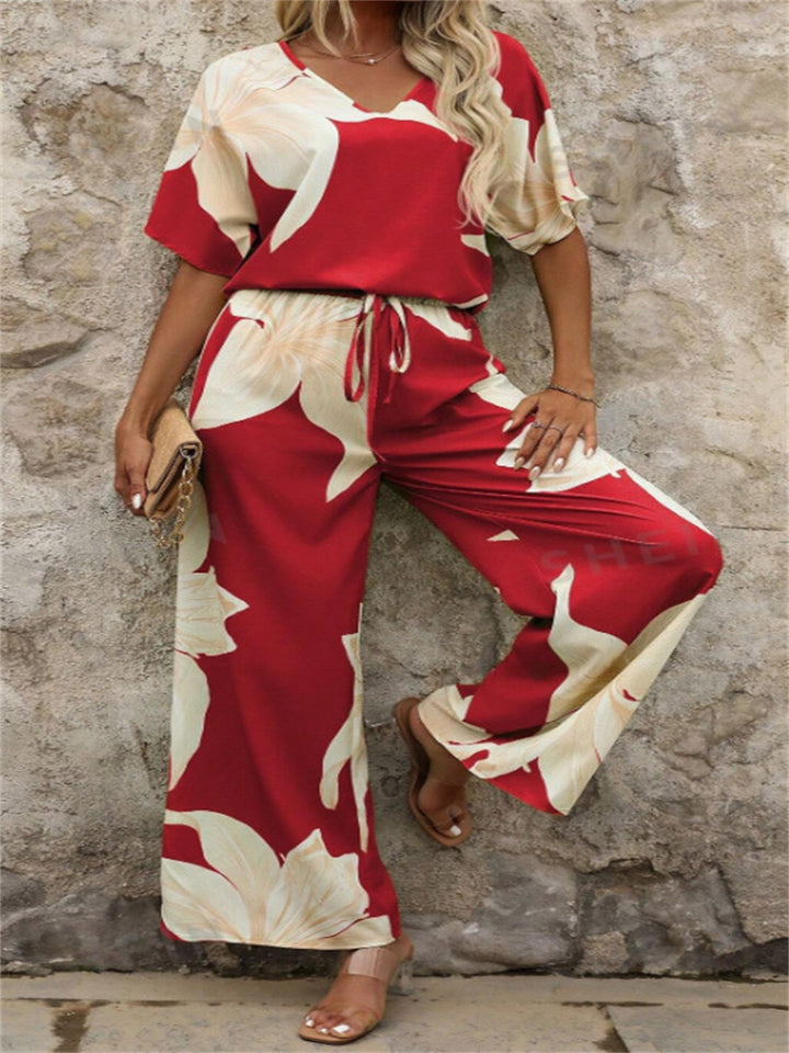 Damen luftiger Hosenanzug mit floralem Print und elastischem Bund Drune