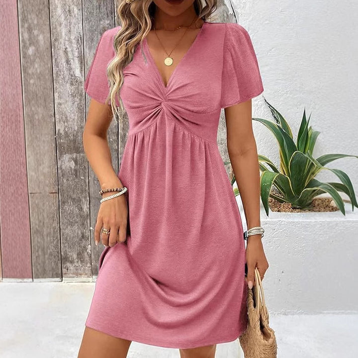 Damen lässiges Wickelkleid mit V-Ausschnitt und kurzen Ärmeln Drune