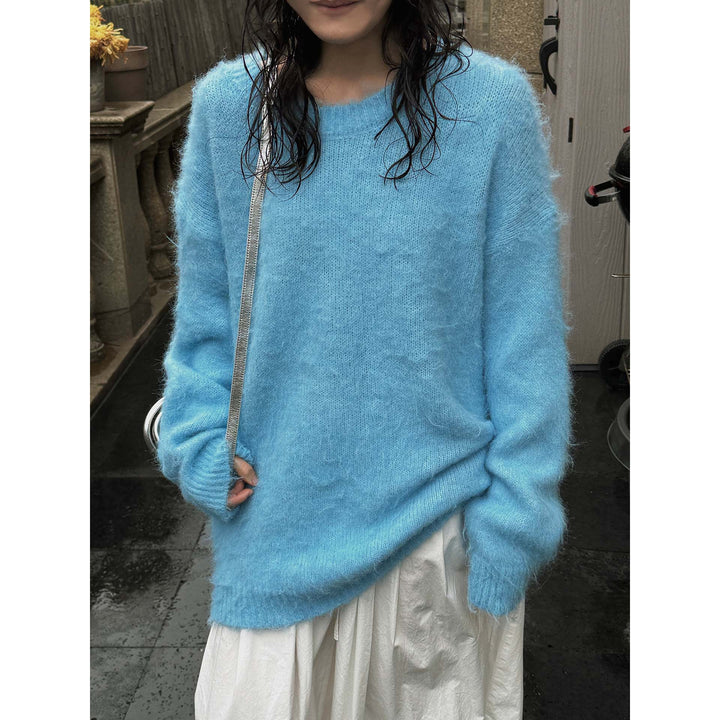Damen Weicher Oversize Mohair‑Optik Pullover mit geripptem Saum und Rundhalsausschnitt Drune
