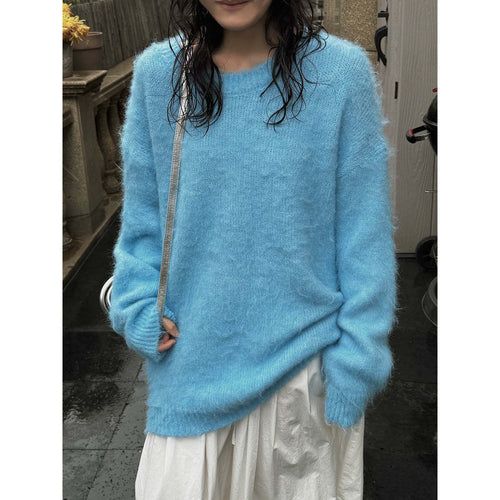 Damen Weicher Oversize Mohair‑Optik Pullover mit geripptem Saum und Rundhalsausschnitt Drune