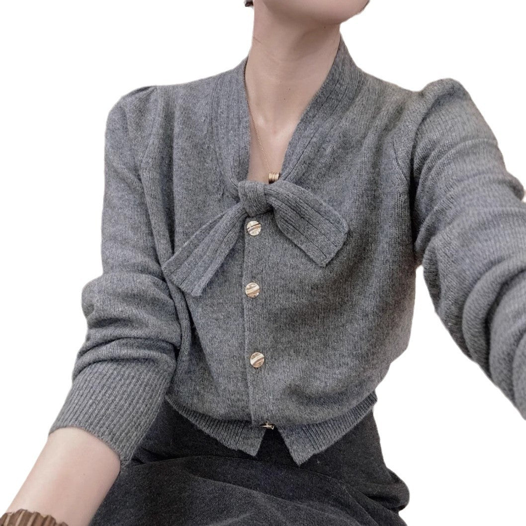 Damen elegante Strickjacke mit Schleifenakzent und hochwertigen Knöpfen Drune
