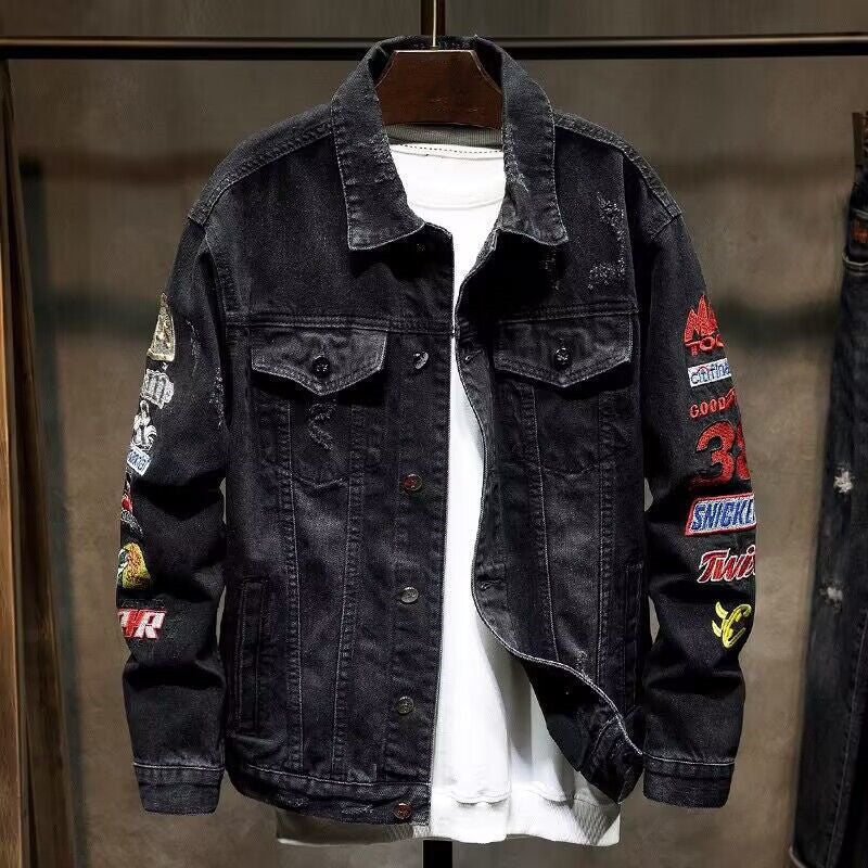 Herren Mode Denimjacke mit kreativen Applikationen Drune