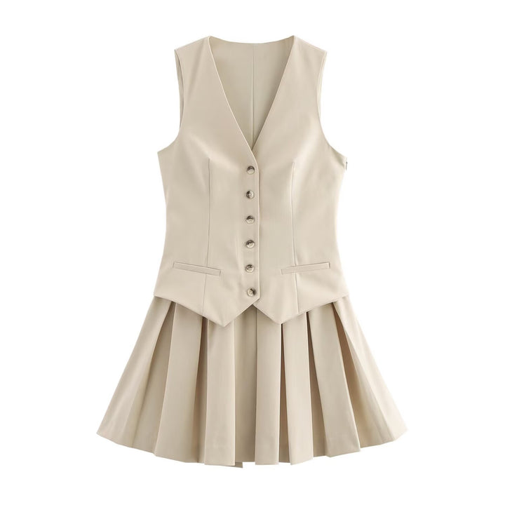 Damen Plissee-Kleid mit tailliertem Oberteil und Knopfleiste Drune