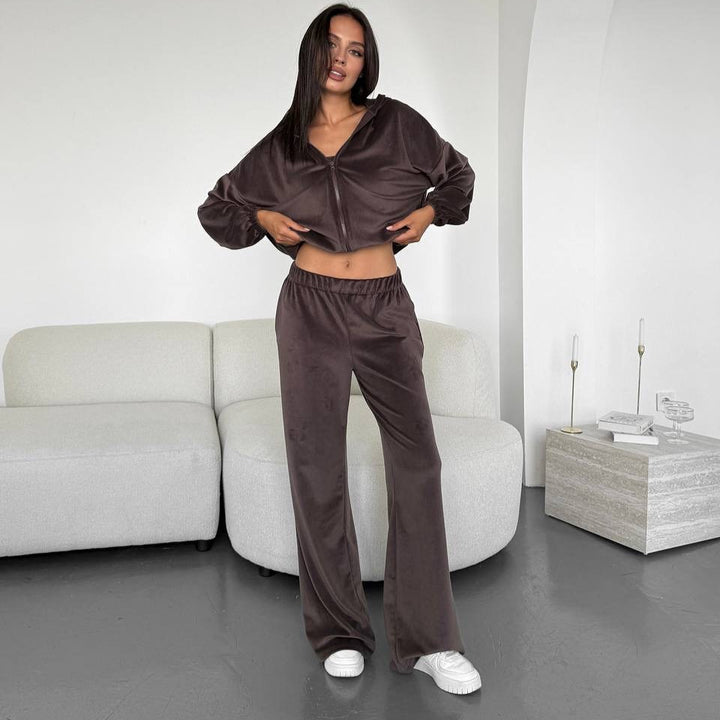 Damen Dreiteiliges Velours-Loungewear-Set mit Cropped-Top, Zip-Hoodie und weitem Palazzo-Hosenbein Drune