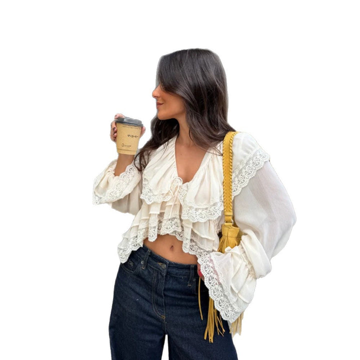 Damen Geraffte Spitzen‑Croptop‑Bluse mit Volants und V‑Ausschnitt Drune