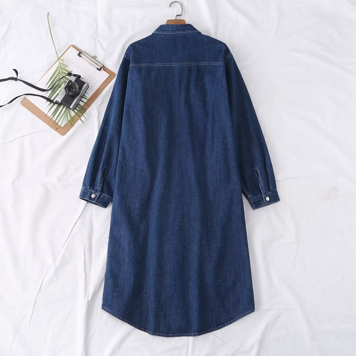 Damen Langes Denim-Hemdblusenkleid mit Knopfleiste und Brusttaschen Drune