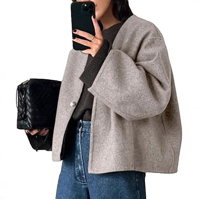 Damen Kurz geschnittene Oversize Wolljacke mit kastigem Schnitt und Ein-Knopf-Verschluss Drune