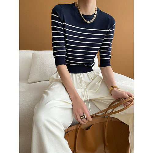 Damen gestreifter Pullover mit rundem Halsausschnitt und engem Schnitt Drune