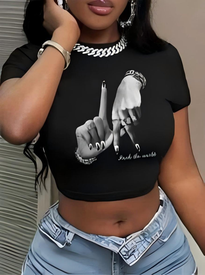 Damen Crop-Top mit künstlerischem Statement-Druck Drune