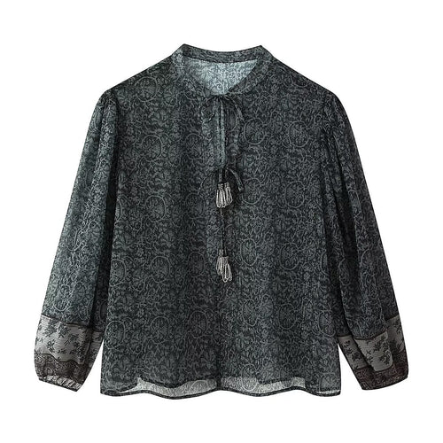 Damen Chiffon-Bluse mit Paisley‑Print, Quastenbändern und Ballonärmeln Drune