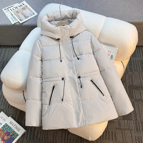 Damen nan kurze wattierte Kapuzenjacke mit hohem Stehkragen, Kordelzug und diagonalem Reißverschlusstaschen-Design Drune
