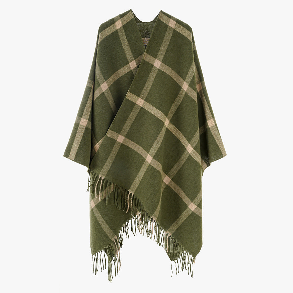 Damen Grobkarierter Wolloptik‑Poncho im Cape‑Schnitt mit lockerem Fall und Fransen Drune