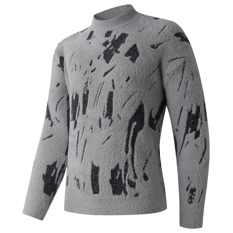 Herren Strukturierter Mockneck-Pullover mit abstraktem Brush-Pattern Drune