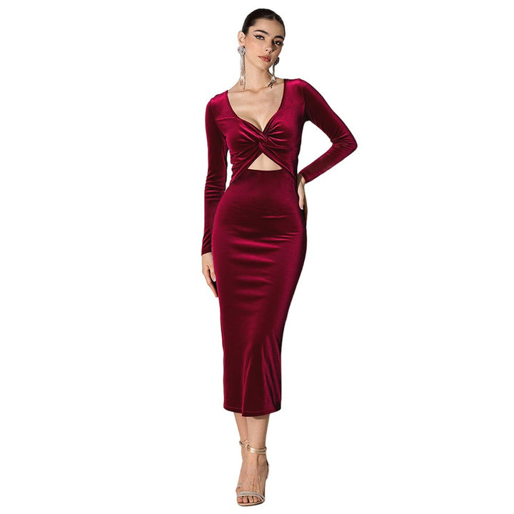 Damen elegantes Wickelkleid aus samtigem Material mit tiefem Ausschnitt und Tailleneinsatz Drune
