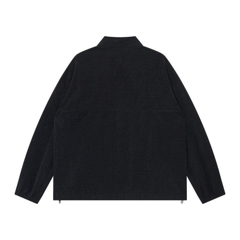 Unisex Oversize Halbzip-Pullover aus Cord‑Mix mit Brust-Reißverschlusstasche und Kordelzugsaum Drune