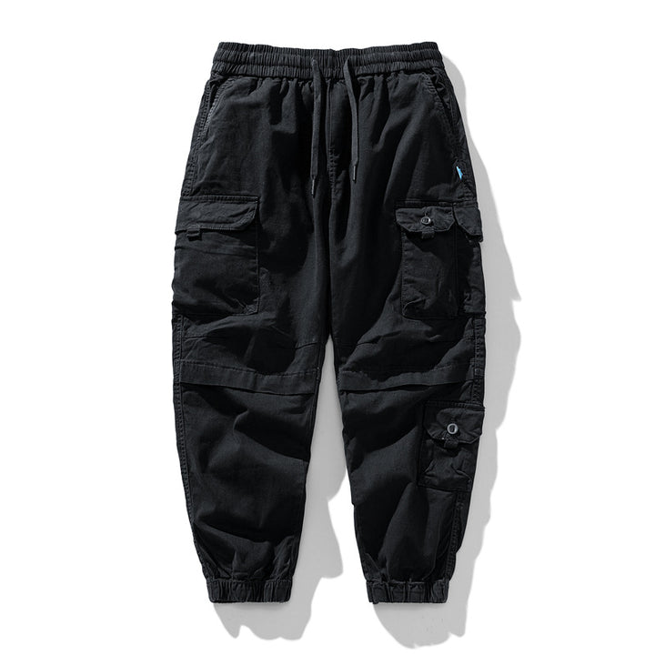 Herren Leichte Canvas-Cargohose im Joggerstil mit elastischem Bund, segmentierten Kniepaneelen und verdeckten Klappentaschen Drune