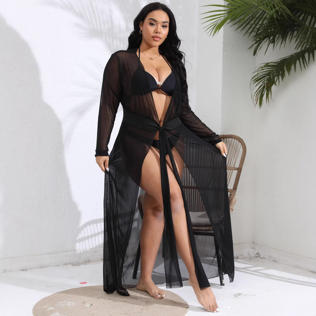 Damen transparenter Strandüberwurf mit verspieltem Taillengürtel Drune