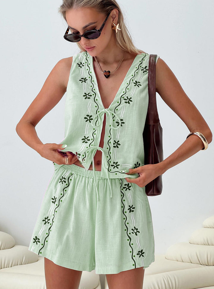 Damen luftiges Zweiteiler-Set mit floraler Stickerei Drune