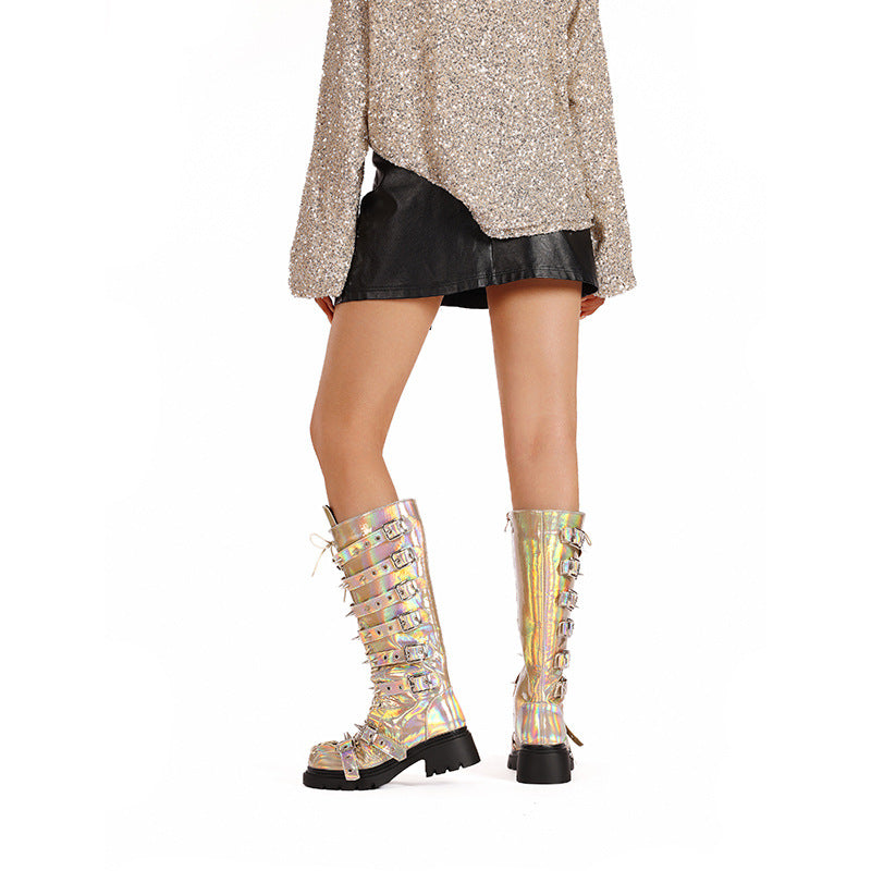 Damen von Punk inspirierte Schnür-Combat-Stiefel mit Spitzenriemen-Details Drune