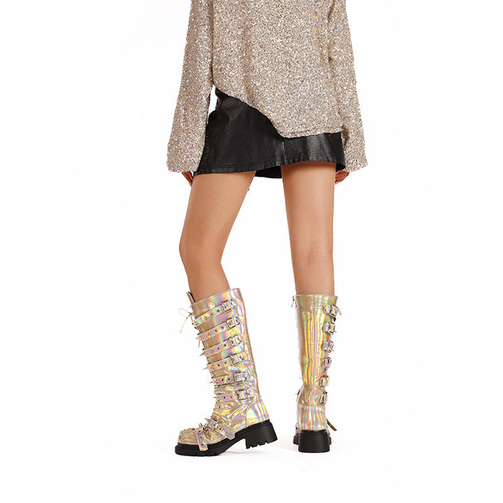 Damen von Punk inspirierte Schnür-Combat-Stiefel mit Spitzenriemen-Details Drune
