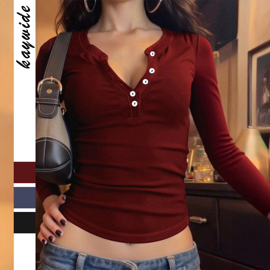 Damen nan tailliertes Henley-Longsleeve mit V-Knopfleiste, figurformendem Stretchjersey und schmaler Silhouette Drune