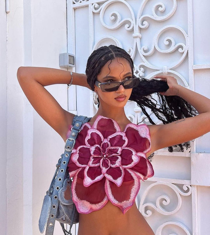 Damen Blüten-Crop-Top mit 3D floralen Applikationen und transparentem Stoff Drune