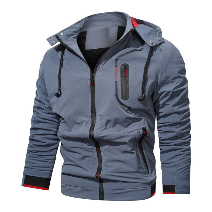 Herren leichte Kapuzen-Übergangsjacke mit wasserabweisender Oberfläche, verdeckten Reißverschlüssen und raffinierten Raffärmeln Drune
