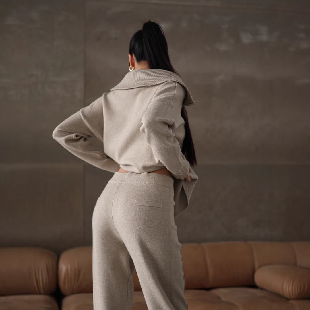 Damen elegantes Sweatshirt- und Jogginghose-Set mit hohem Kragen und Reißverschluss Drune