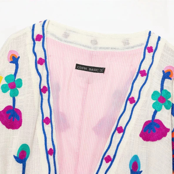 Damen Bestickter leichter Kimono-Cardigan mit floralem Motiv und Bindeband Drune