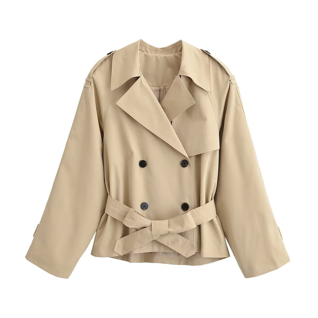 Damen Kurz-Trenchjacke mit weitem Schnitt, doppelreihiger Knopfleiste und Taillengürtel Drune