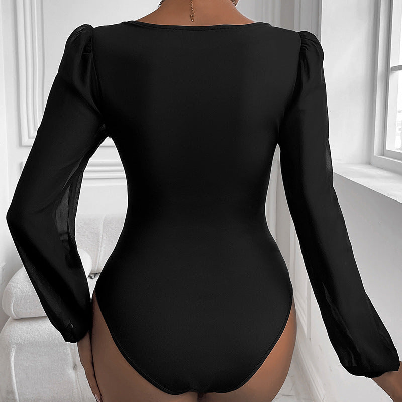 Damen Figurbetontes Body-Top mit herzförmigem Ausschnitt, Puffärmeln und taillierter Silhouette Drune