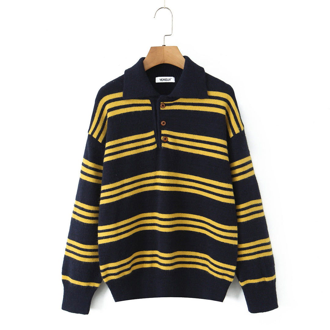 Damen gestreifter Poloshirt-Strickpullover Drune