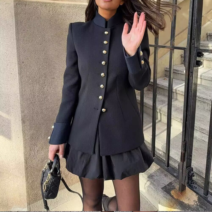 Damen elegante Steppjacke mit hochgeschlossenem Kragen und goldenen Knöpfen Drune