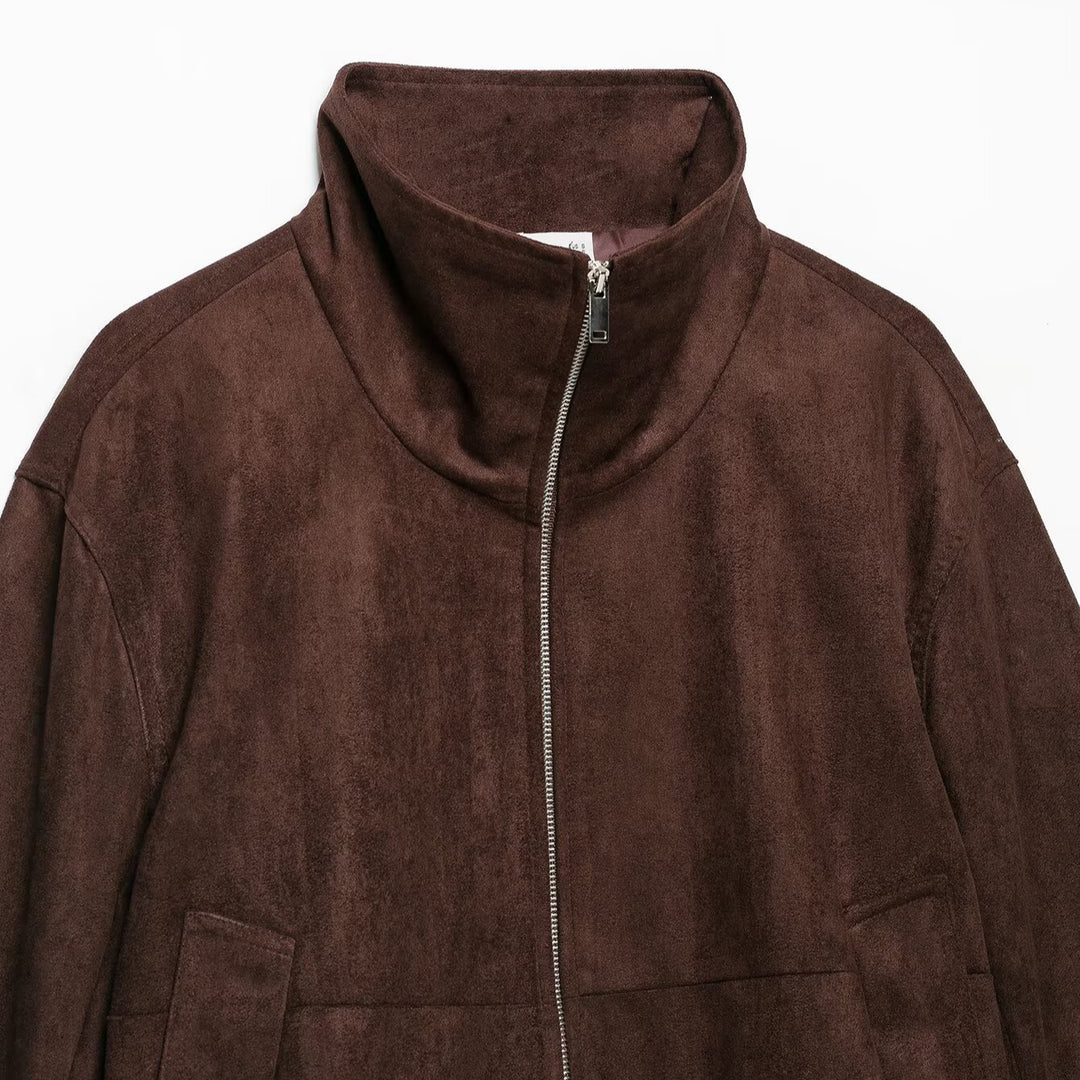 Damen Velourslederoptik Bomberjacke mit Funnelkragen und elastischem Saum Drune