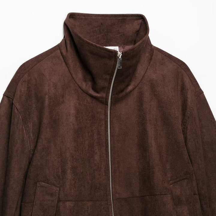 Damen Velourslederoptik Bomberjacke mit Funnelkragen und elastischem Saum Drune