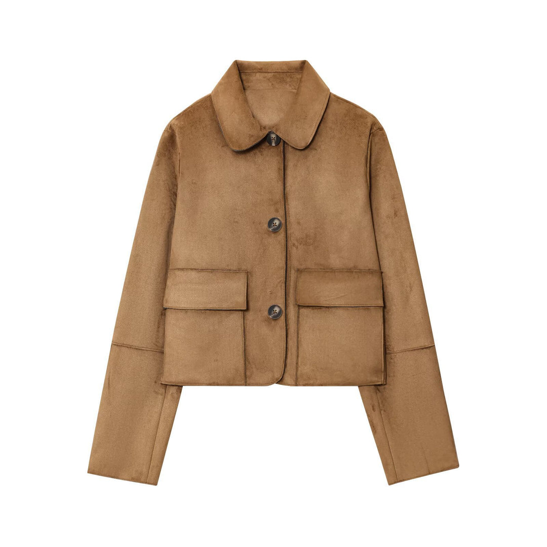 Damen kurze Utility-Jacke mit großen Taschen und modischem Kragen Drune