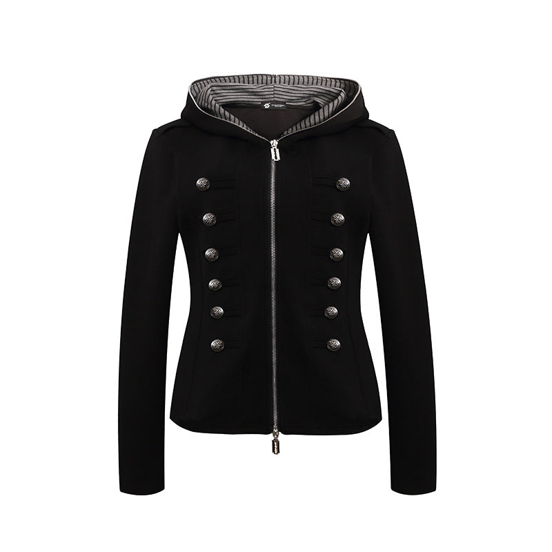 Damen taillierte Kapuzen‑Sweatjacke mit dekorischer Doppelreihe und Metallknöpfen Drune
