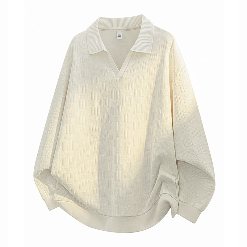 Herren Oversize Strick-Polo mit Strukturstrick, offenem V‑Ausschnitt und geripptem Kragen Drune