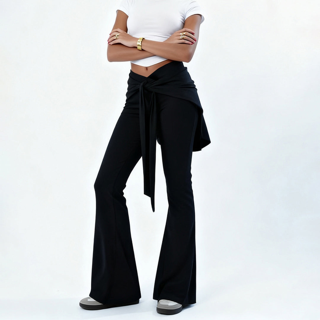Damen High‑Waist Schlaghose mit Wickelrock-Overlay und Bindegürtel Drune