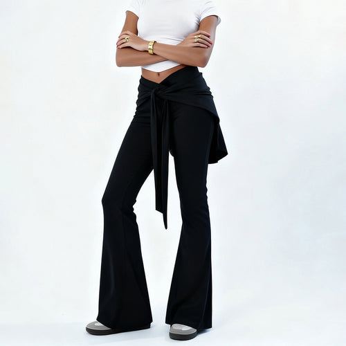 Damen High‑Waist Schlaghose mit Wickelrock-Overlay und Bindegürtel Drune