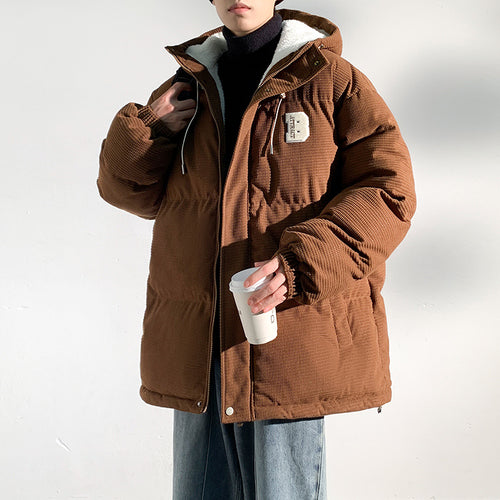 Herren Gepolsterte Cord-Steppjacke mit Kapuze, Teddyfleece-Innenfutter und Oversize-Schnitt Drune